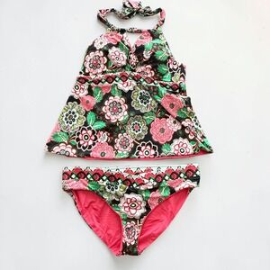 BECCA Rebecca Virtue Floral Tankini Halter Two Piece Swimsuit Boho Reversible
